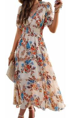 Women's Floral Maxi Dress Flowy V Neck Empire Waist Summer Wedding Guest Party C